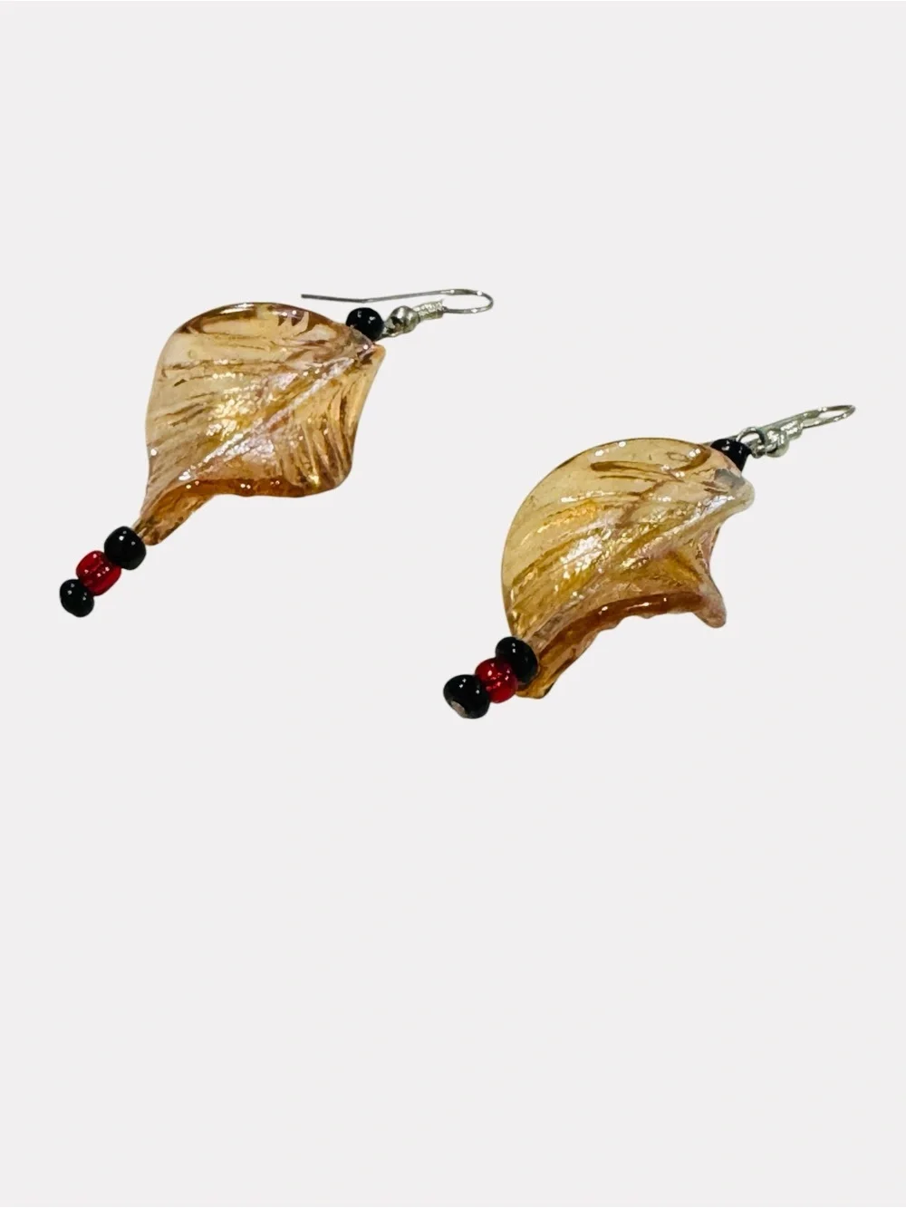 Handcrafted Amber Leaf Glass Dangle Earrings Black Red Bead Artisan Boho